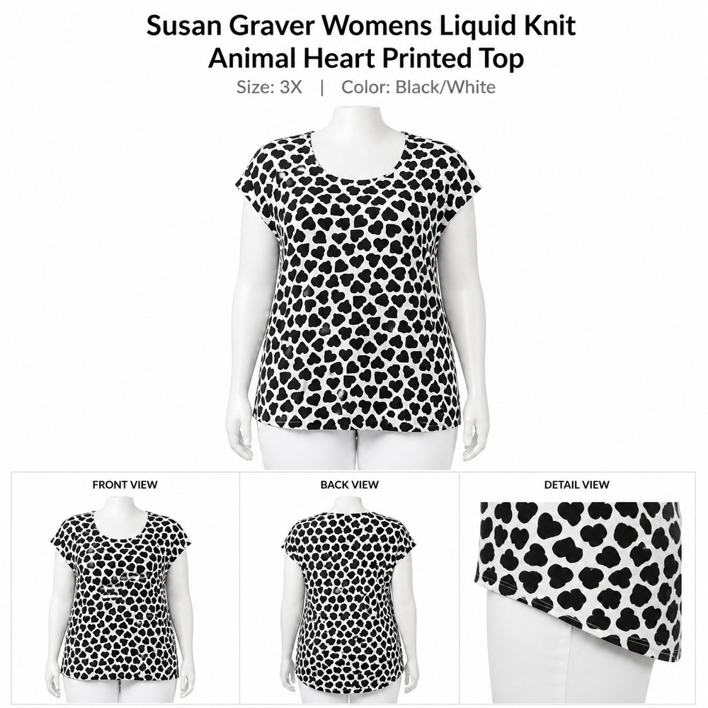 Susan Graver Womens 3X Liquid Knit Heart Print Top Black White Cap Sleeves NWT